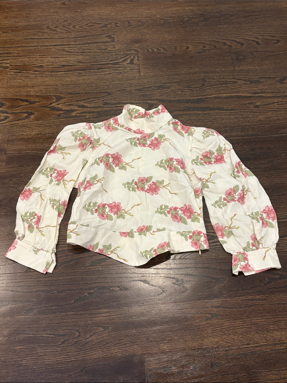Black Iris Women's Cream Floral Mock-Neck Puff Sleeve Blouse Size 2